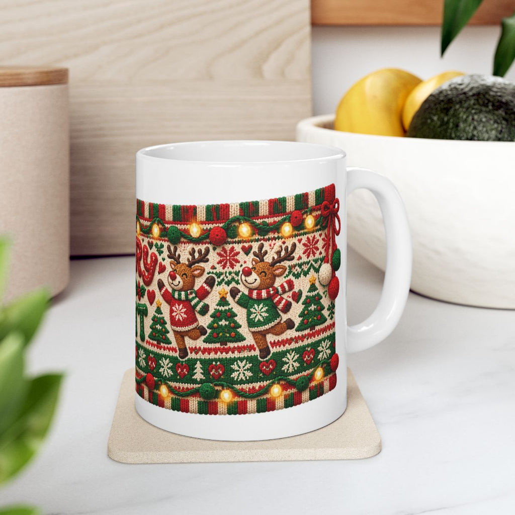 Merry & Knit Christmas Mug | Ugly Sweater Knit Pattern Holiday Coffee Mug, Funny Knitter Gift for Holiday Parties