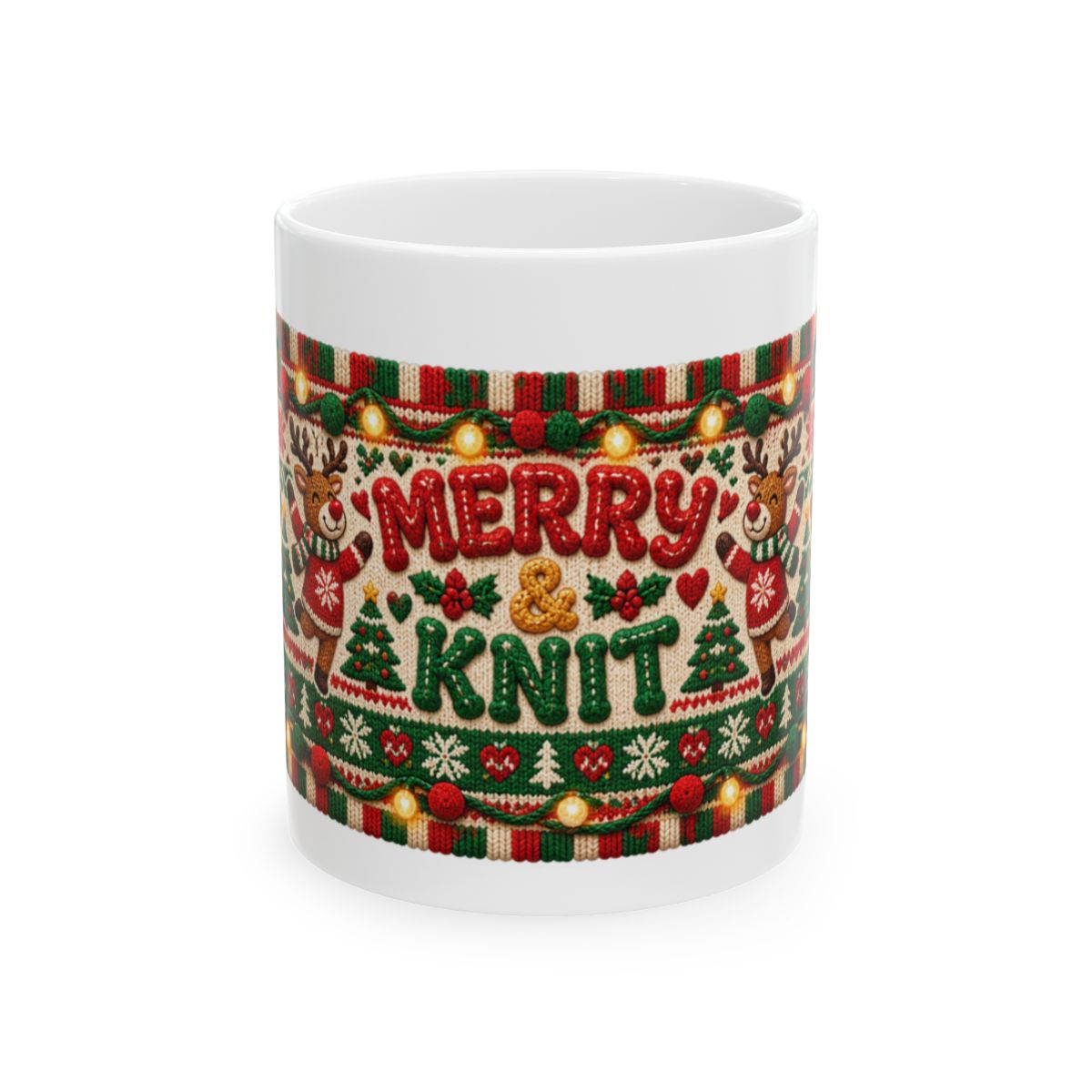 Merry & Knit Christmas Mug | Ugly Sweater Knit Pattern Holiday Coffee Mug, Funny Knitter Gift for Holiday Parties