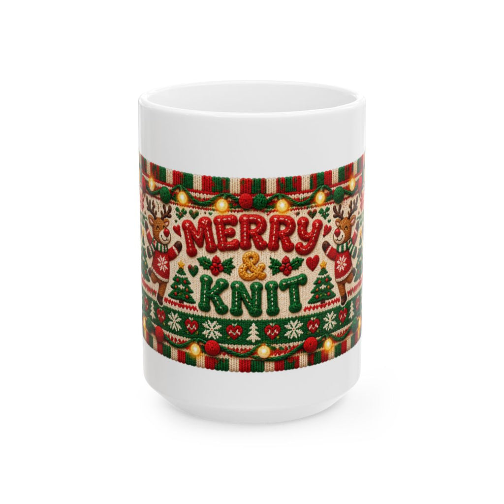 Merry & Knit Christmas Mug | Ugly Sweater Knit Pattern Holiday Coffee Mug, Funny Knitter Gift for Holiday Parties