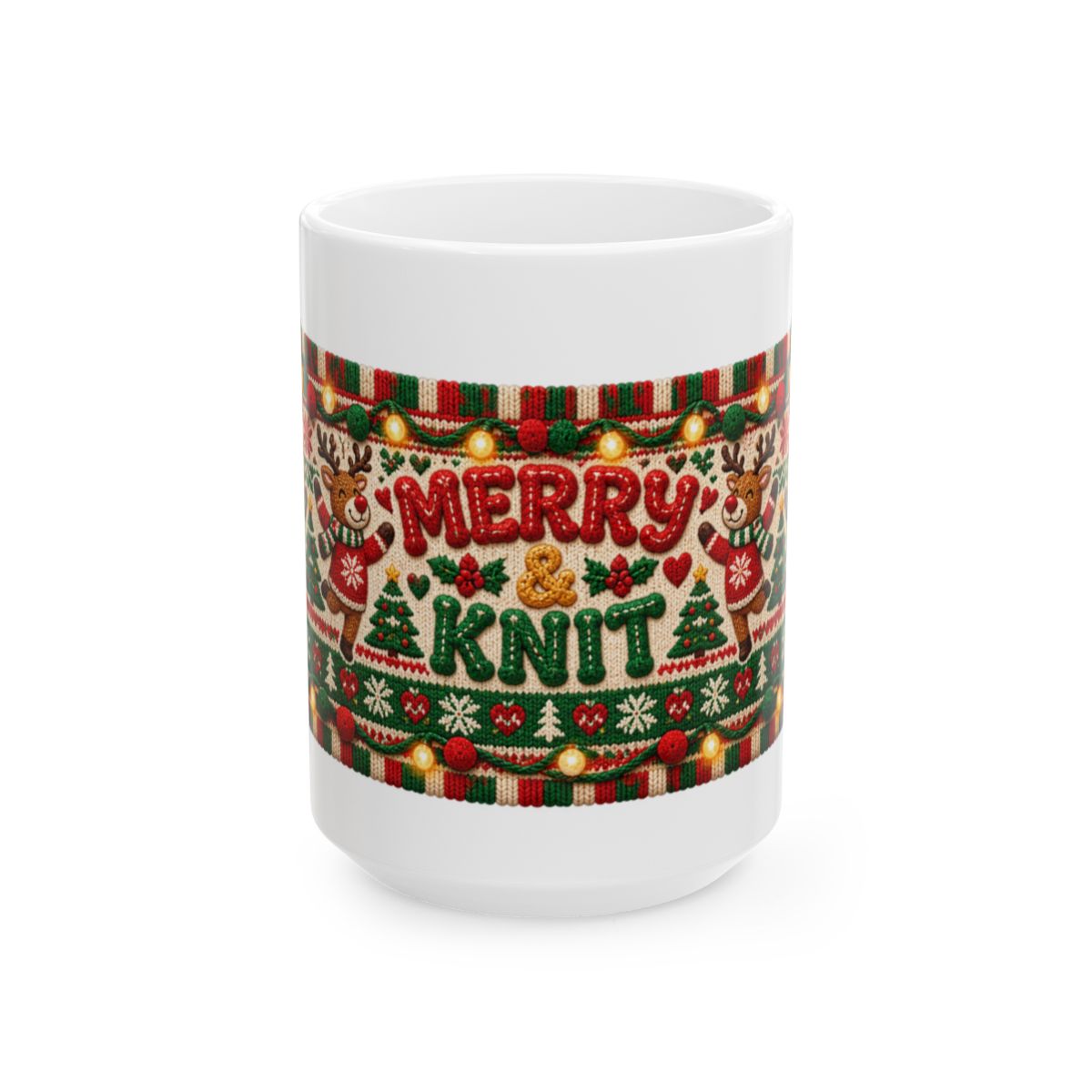 Merry & Knit Christmas Mug | Ugly Sweater Knit Pattern Holiday Coffee Mug, Funny Knitter Gift for Holiday Parties
