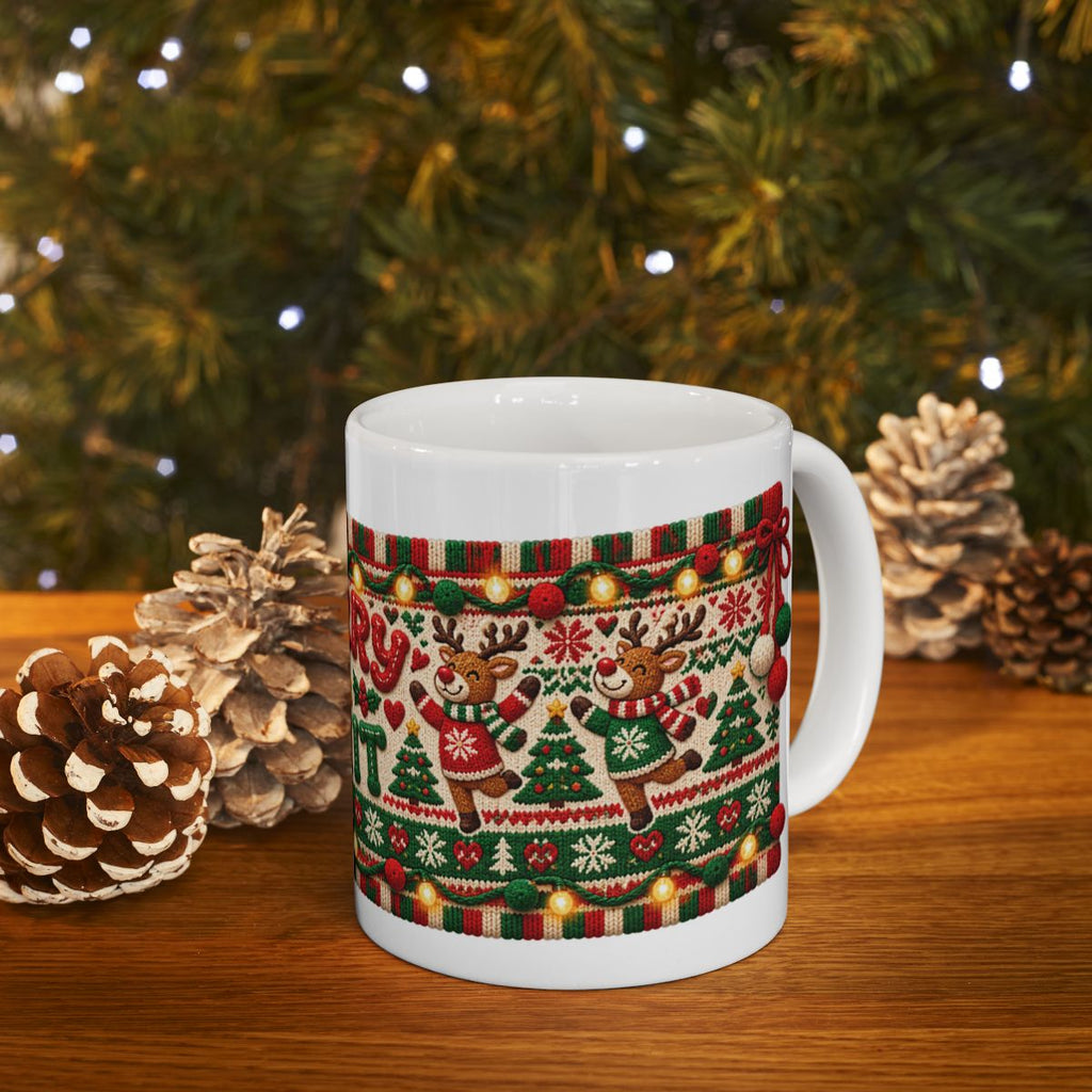 Merry & Knit Christmas Mug | Ugly Sweater Knit Pattern Holiday Coffee Mug, Funny Knitter Gift for Holiday Parties