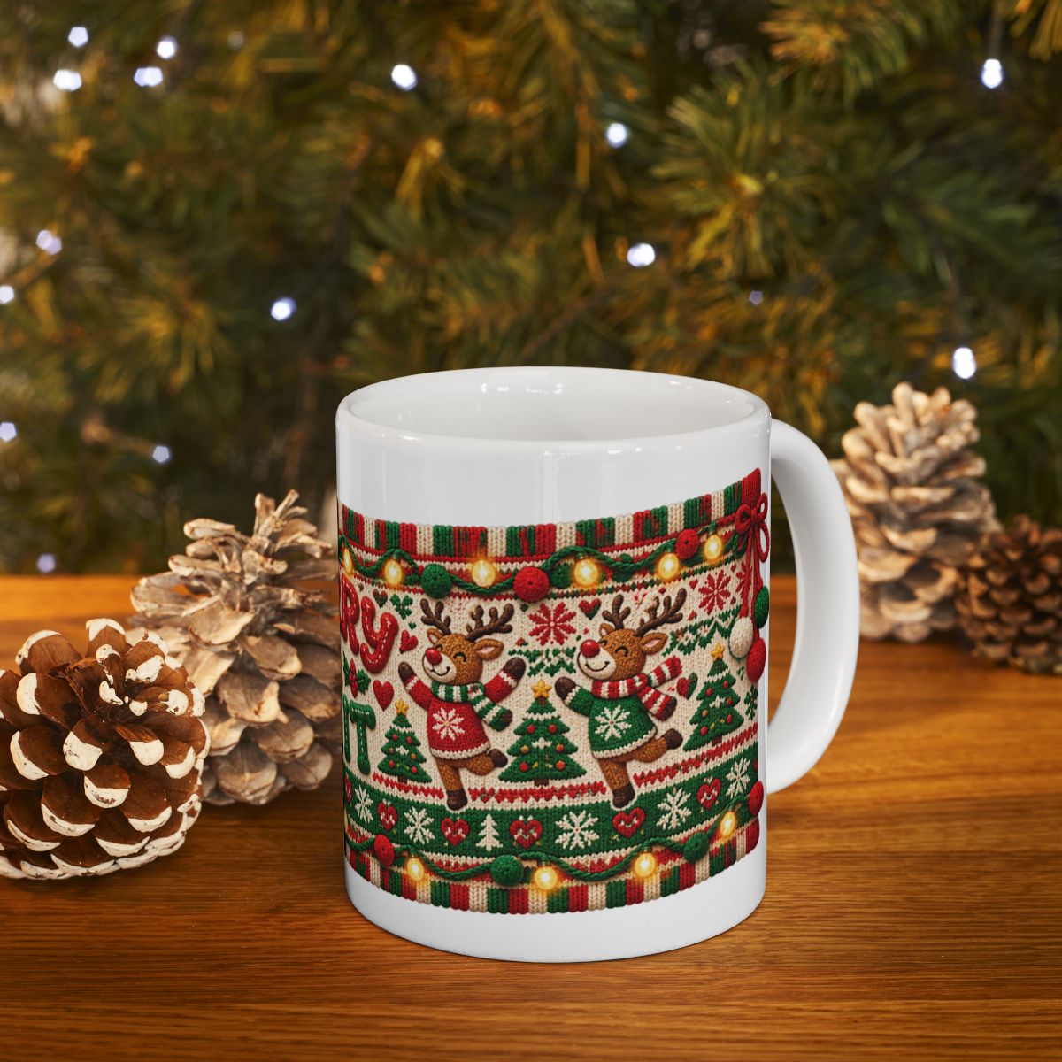 Merry & Knit Christmas Mug | Ugly Sweater Knit Pattern Holiday Coffee Mug, Funny Knitter Gift for Holiday Parties