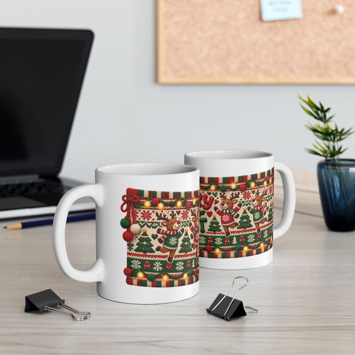 Merry & Knit Christmas Mug | Ugly Sweater Knit Pattern Holiday Coffee Mug, Funny Knitter Gift for Holiday Parties
