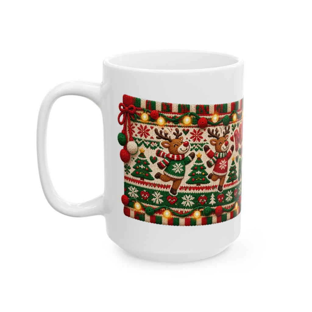 Merry & Knit Christmas Mug | Ugly Sweater Knit Pattern Holiday Coffee Mug, Funny Knitter Gift for Holiday Parties