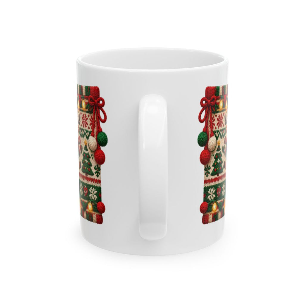 Merry & Knit Christmas Mug | Ugly Sweater Knit Pattern Holiday Coffee Mug, Funny Knitter Gift for Holiday Parties