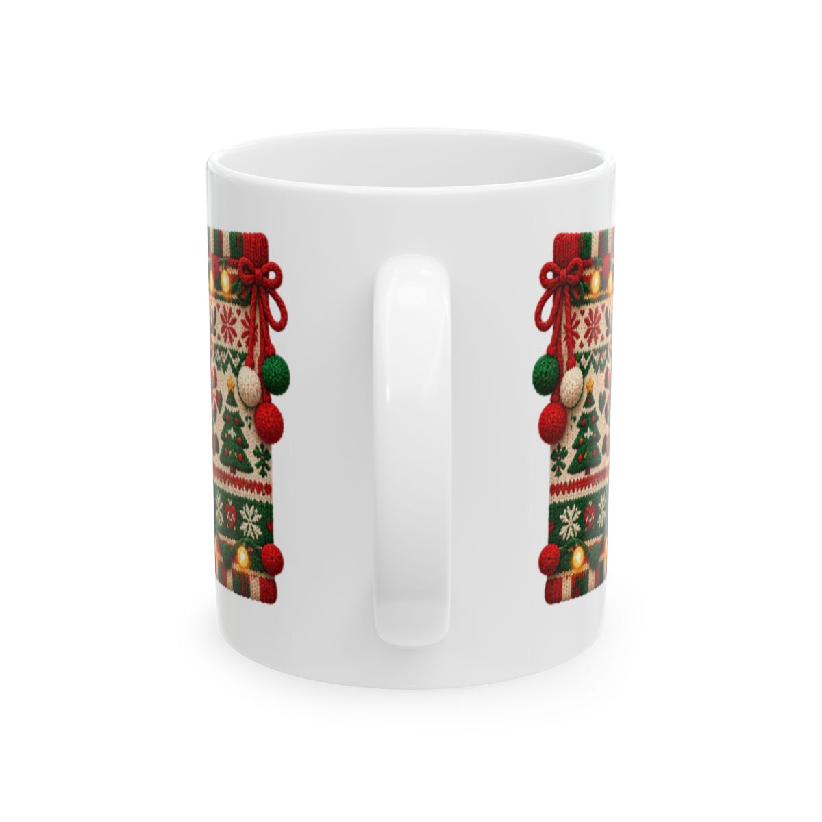 Merry & Knit Christmas Mug | Ugly Sweater Knit Pattern Holiday Coffee Mug, Funny Knitter Gift for Holiday Parties