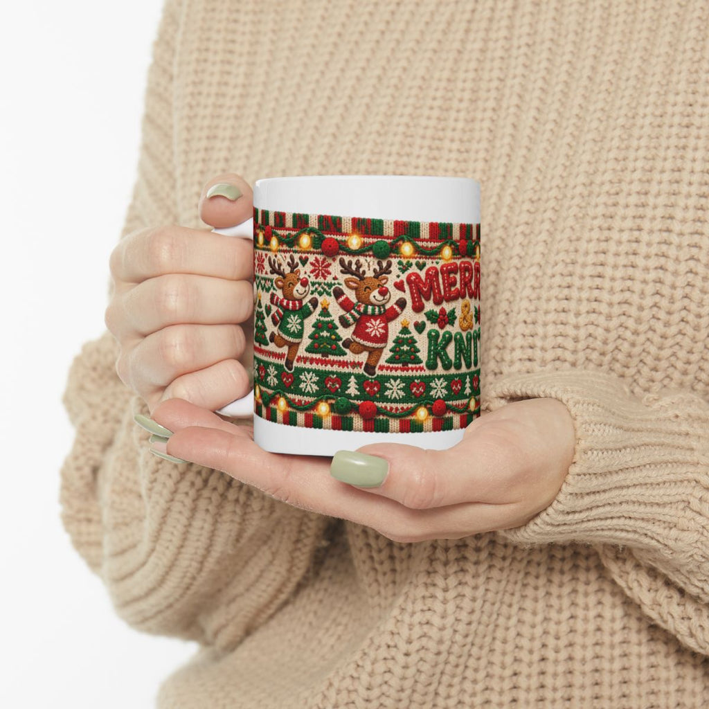 Merry & Knit Christmas Mug | Ugly Sweater Knit Pattern Holiday Coffee Mug, Funny Knitter Gift for Holiday Parties