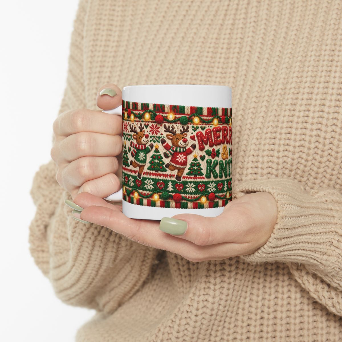 Merry & Knit Christmas Mug | Ugly Sweater Knit Pattern Holiday Coffee Mug, Funny Knitter Gift for Holiday Parties