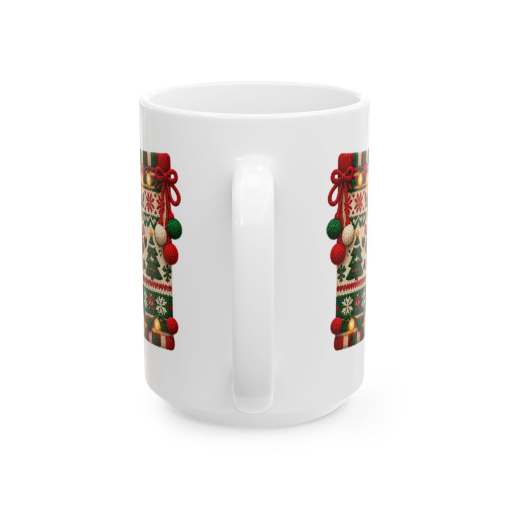 Merry & Knit Christmas Mug | Ugly Sweater Knit Pattern Holiday Coffee Mug, Funny Knitter Gift for Holiday Parties