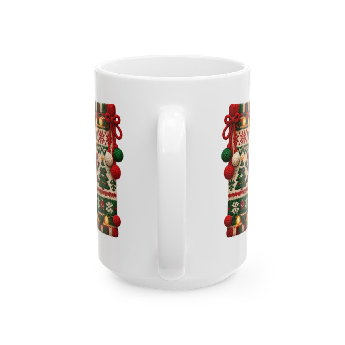 Merry & Knit Christmas Mug | Ugly Sweater Knit Pattern Holiday Coffee Mug, Funny Knitter Gift for Holiday Parties