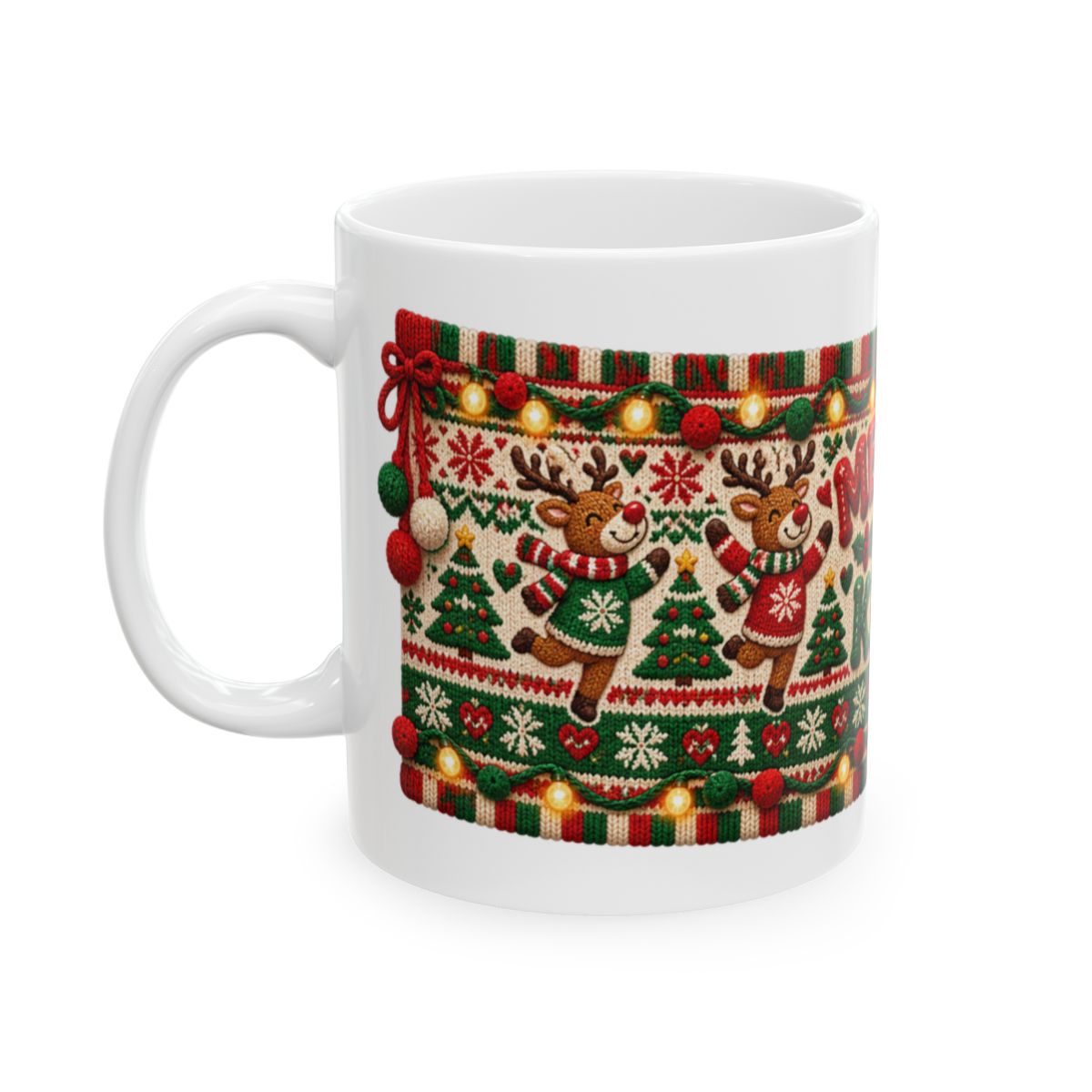 Merry & Knit Christmas Mug | Ugly Sweater Knit Pattern Holiday Coffee Mug, Funny Knitter Gift for Holiday Parties