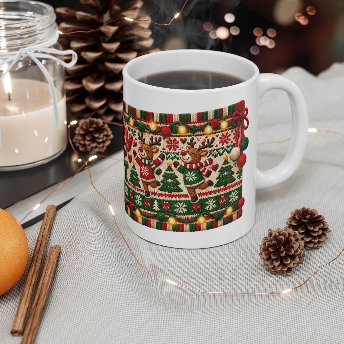 Merry & Knit Christmas Mug | Ugly Sweater Knit Pattern Holiday Coffee Mug, Funny Knitter Gift for Holiday Parties