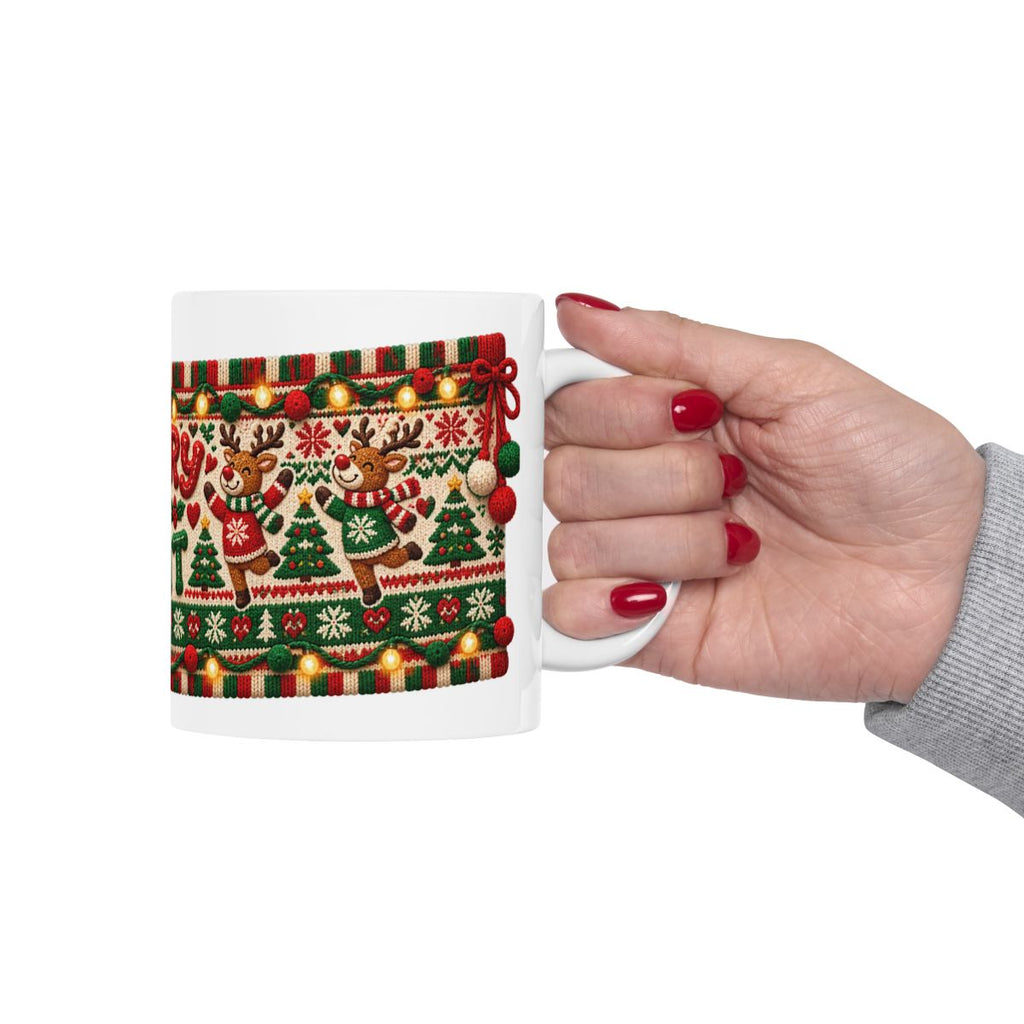 Merry & Knit Christmas Mug | Ugly Sweater Knit Pattern Holiday Coffee Mug, Funny Knitter Gift for Holiday Parties