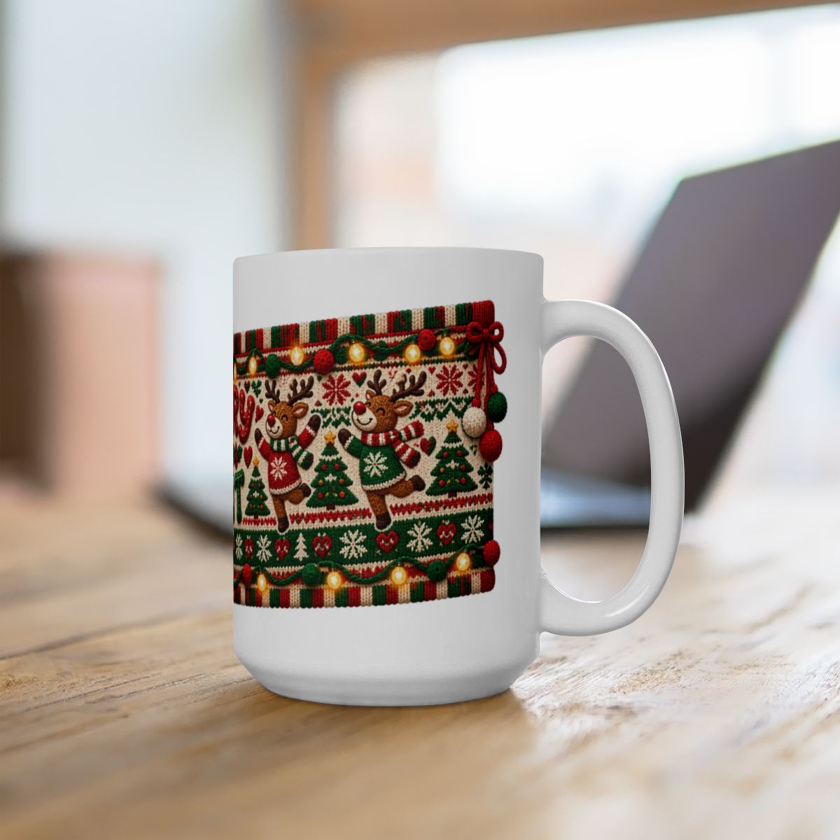 Merry & Knit Christmas Mug | Ugly Sweater Knit Pattern Holiday Coffee Mug, Funny Knitter Gift for Holiday Parties