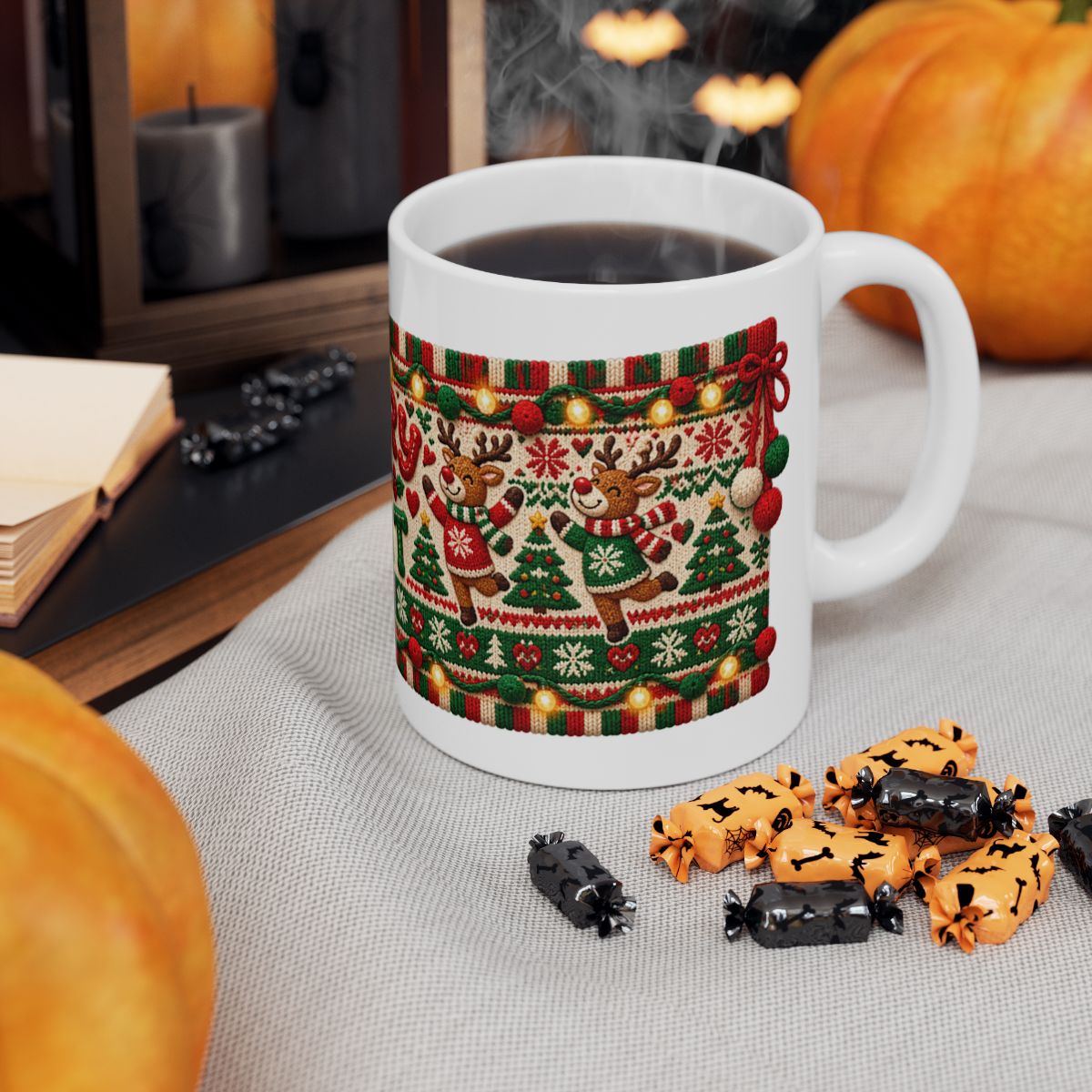 Merry & Knit Christmas Mug | Ugly Sweater Knit Pattern Holiday Coffee Mug, Funny Knitter Gift for Holiday Parties