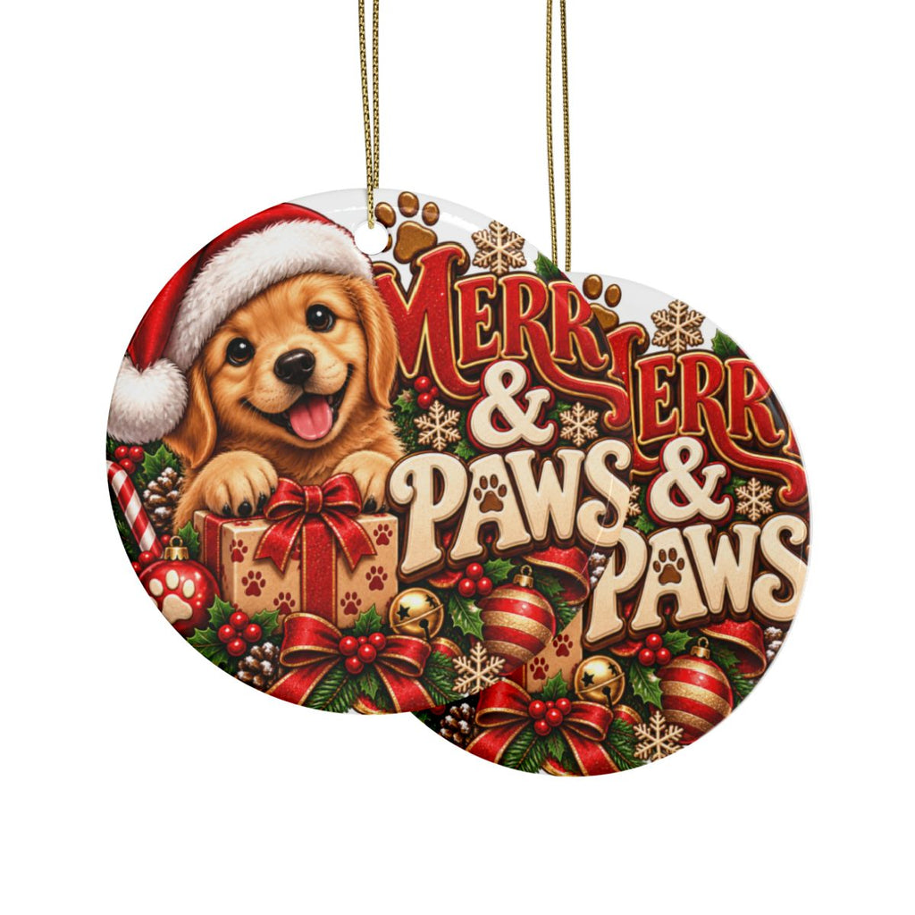 Merry & Paws Puppy Christmas Ornament | Ceramic Holiday Decoration