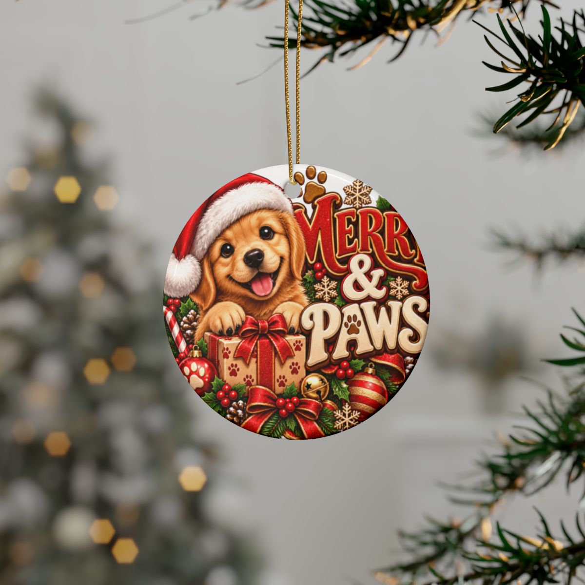 Merry & Paws Puppy Christmas Ornament | Ceramic Holiday Decoration