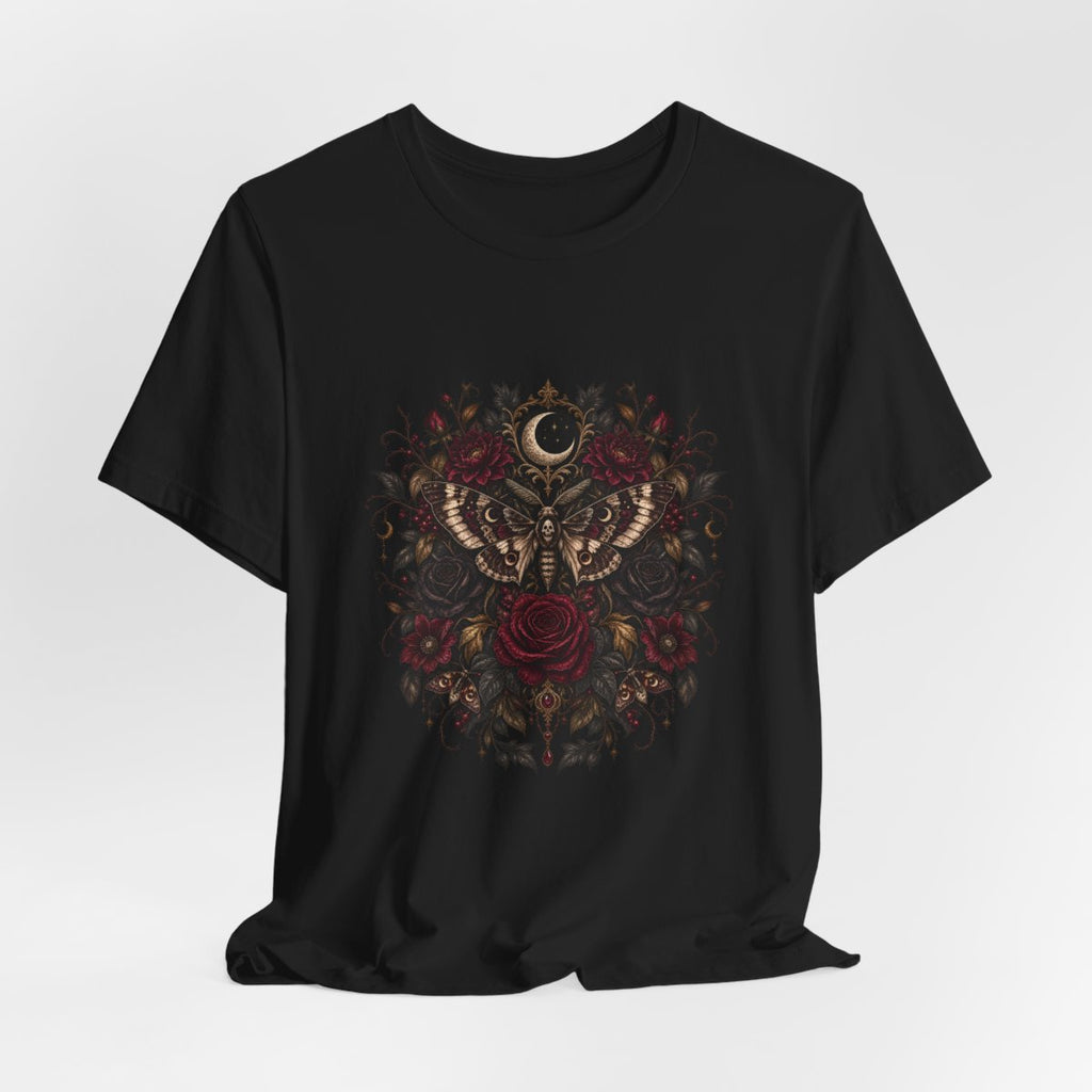 Moth and Rose Crescent Moon T-Shirt | Gothic Floral Moth Tee
