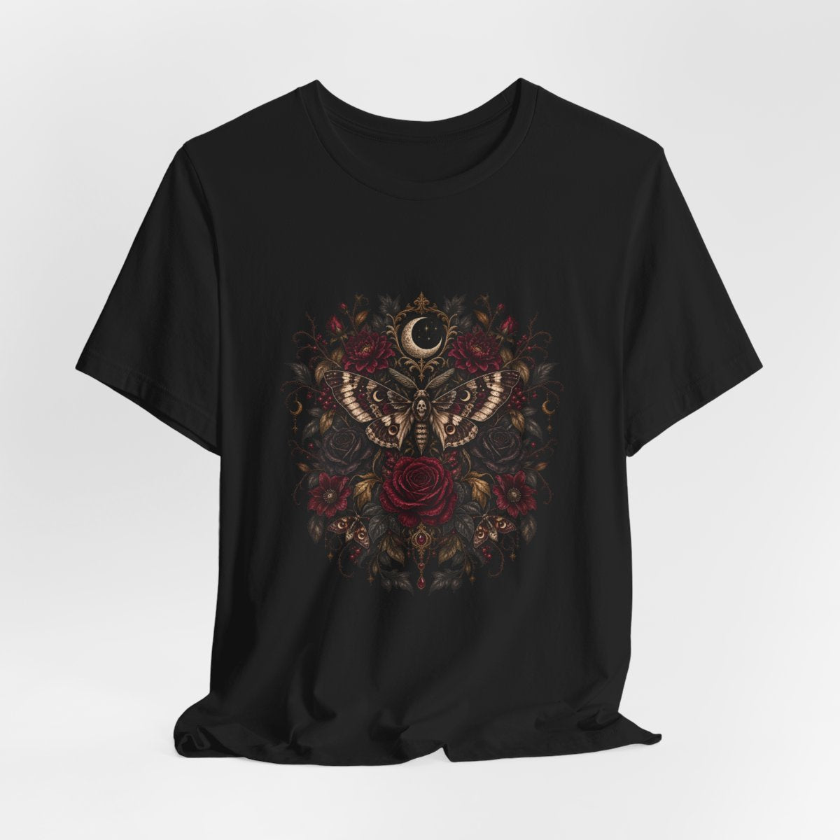 Moth and Rose Crescent Moon T-Shirt | Gothic Floral Moth Tee