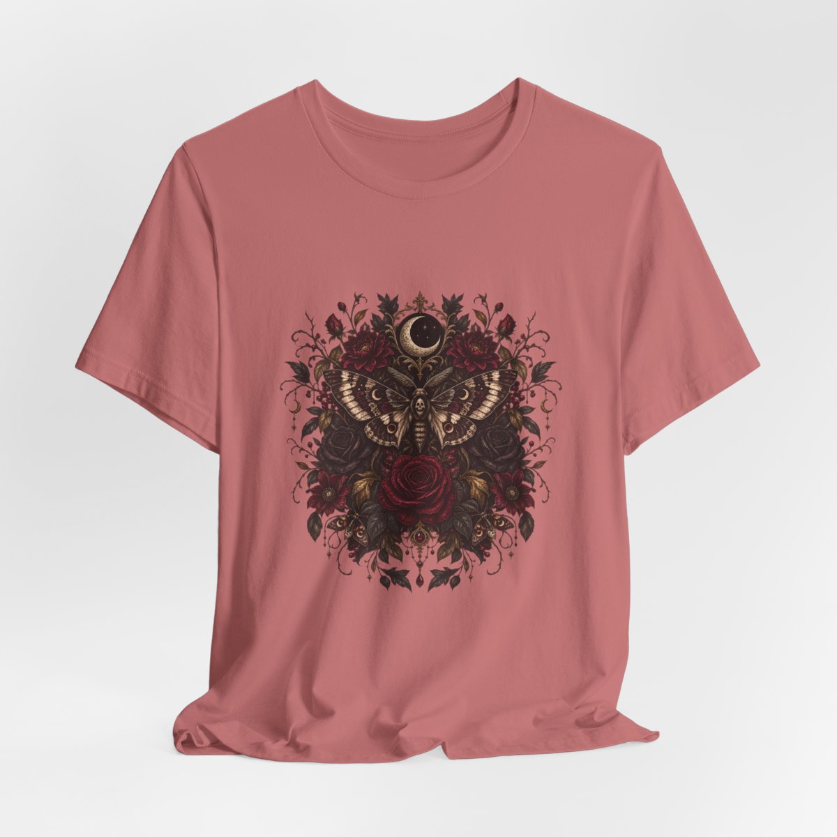 Moth and Rose Crescent Moon T-Shirt | Gothic Floral Moth Tee