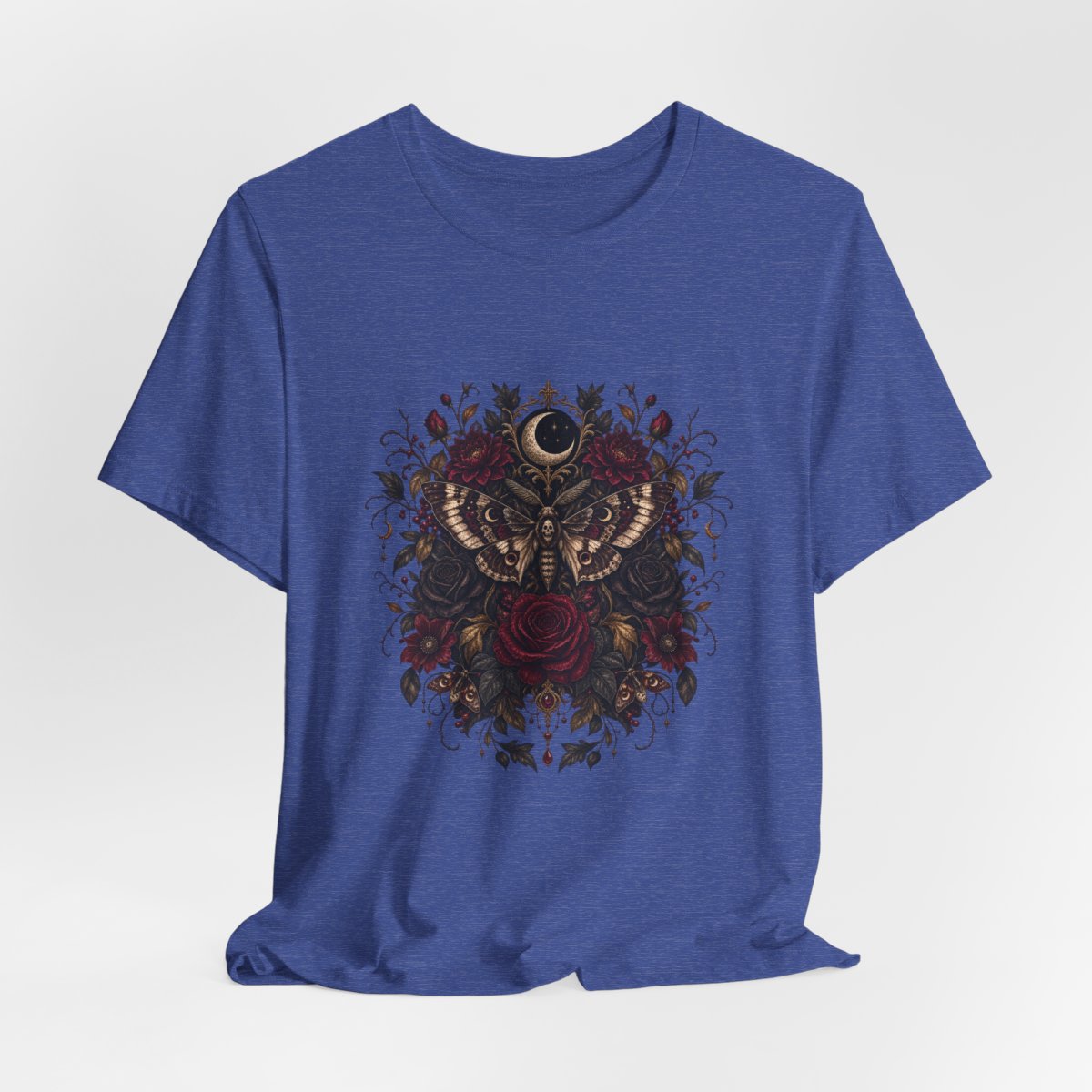 Moth and Rose Crescent Moon T-Shirt | Gothic Floral Moth Tee
