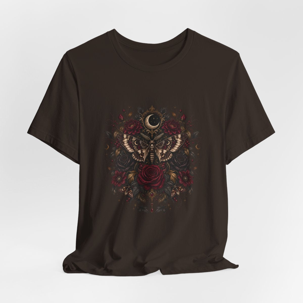 Moth and Rose Crescent Moon T-Shirt | Gothic Floral Moth Tee