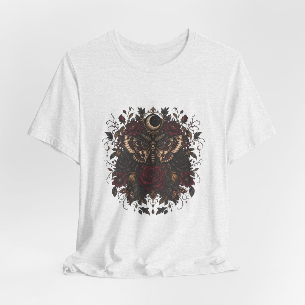 Moth and Rose Crescent Moon T-Shirt | Gothic Floral Moth Tee