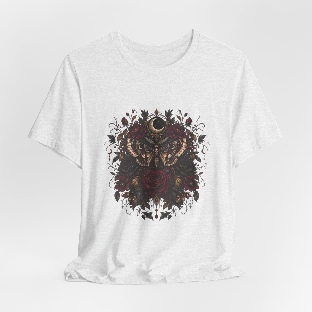 Moth and Rose Crescent Moon T-Shirt | Gothic Floral Moth Tee