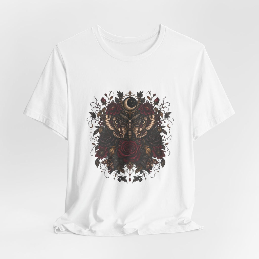 Moth and Rose Crescent Moon T-Shirt | Gothic Floral Moth Tee