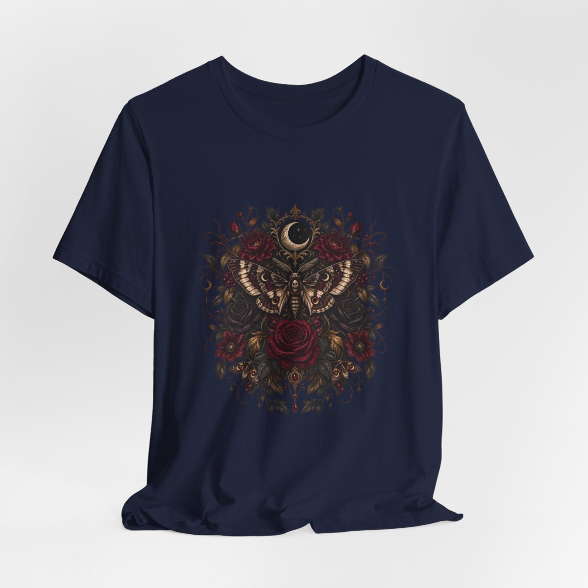 Moth and Rose Crescent Moon T-Shirt | Gothic Floral Moth Tee