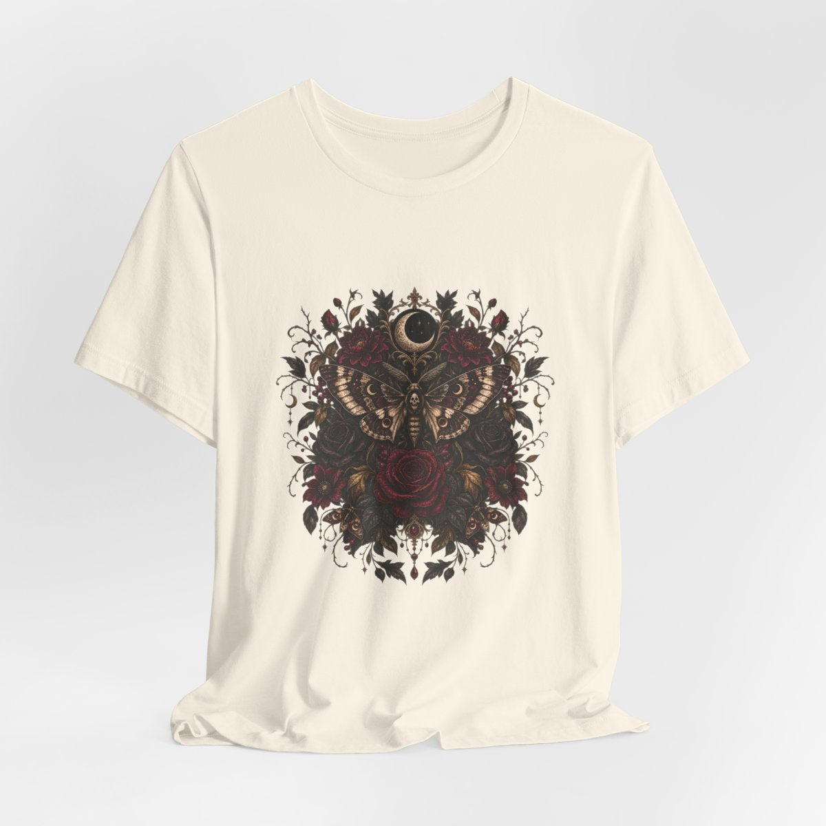 Moth and Rose Crescent Moon T-Shirt | Gothic Floral Moth Tee