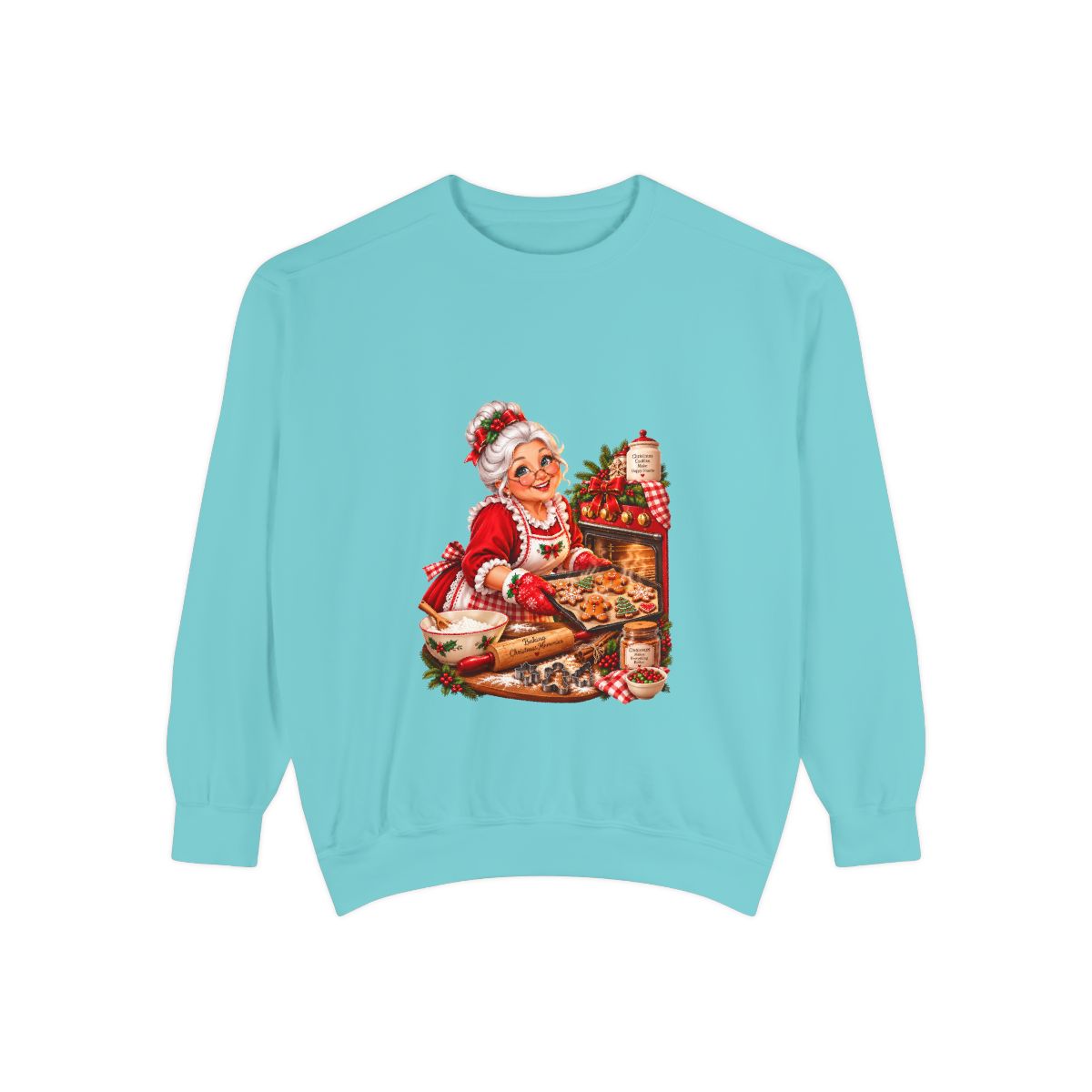 Mrs. Claus Baking Cookies Sweatshirt | Vintage Christmas Kitchen Illustration
