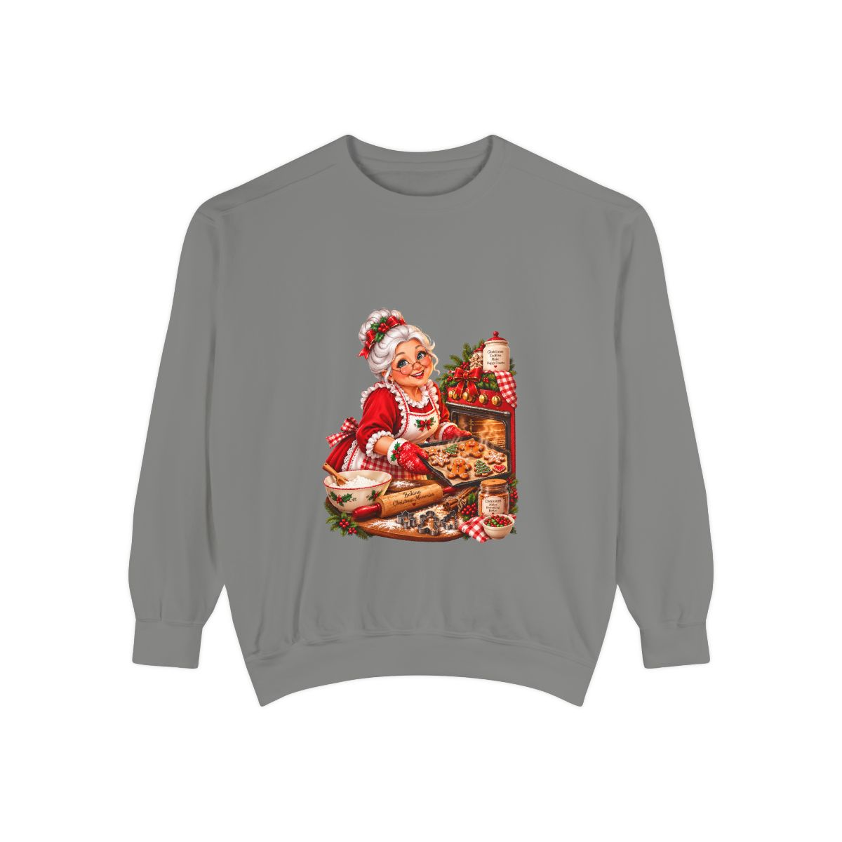 Mrs. Claus Baking Cookies Sweatshirt | Vintage Christmas Kitchen Illustration