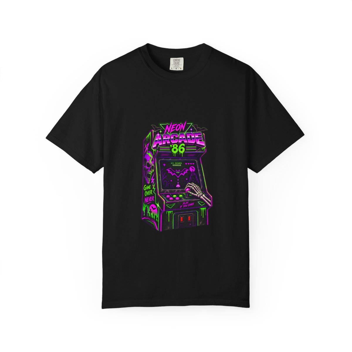 Neon Arcade '86 Retro Gaming T-Shirt | Vintage 80s Arcade Cabinet Skeleton Gamer Graphic Tee, Vaporwave Halloween