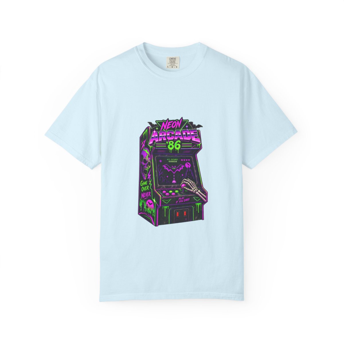 Neon Arcade '86 Retro Gaming T-Shirt | Vintage 80s Arcade Cabinet Skeleton Gamer Graphic Tee, Vaporwave Halloween