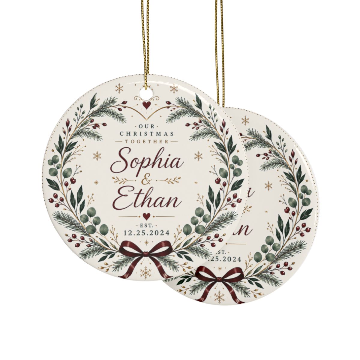 Personalized Christmas Wreath Ceramic Ornament | Couple Name Date