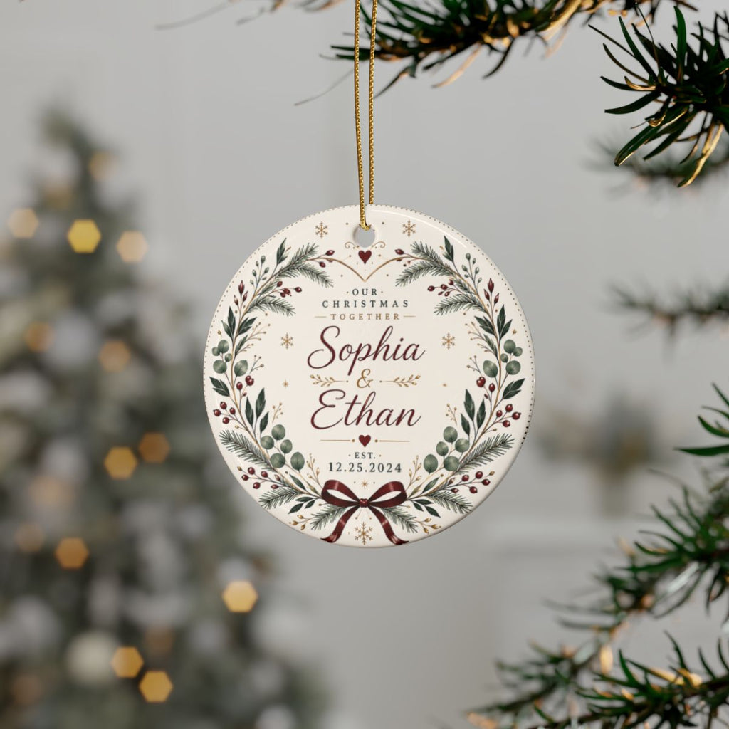 Personalized Christmas Wreath Ceramic Ornament | Couple Name Date