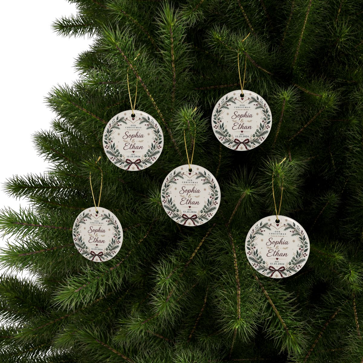 Personalized Christmas Wreath Ceramic Ornament | Couple Name Date