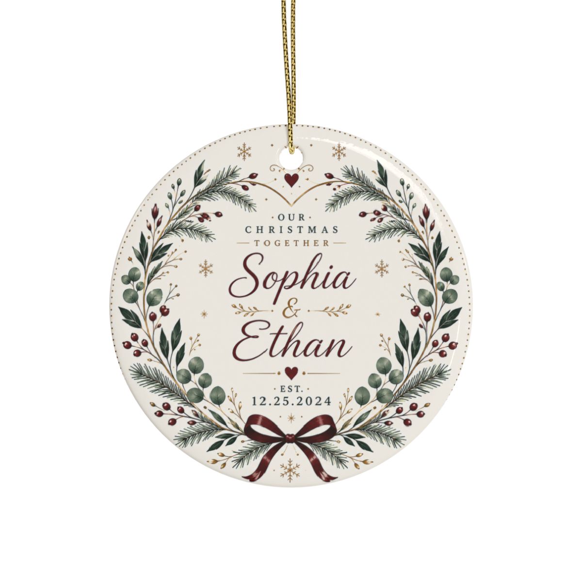 Personalized Christmas Wreath Ceramic Ornament | Couple Name Date