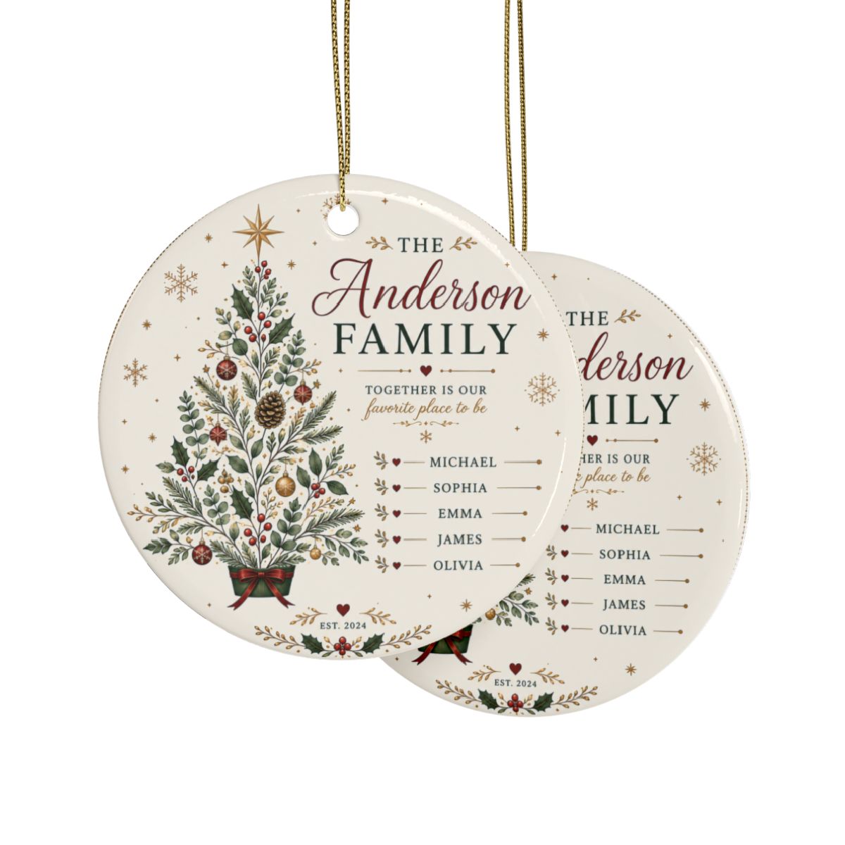 Personalized Family Christmas Tree Ornament, Ceramic Holiday Ornament