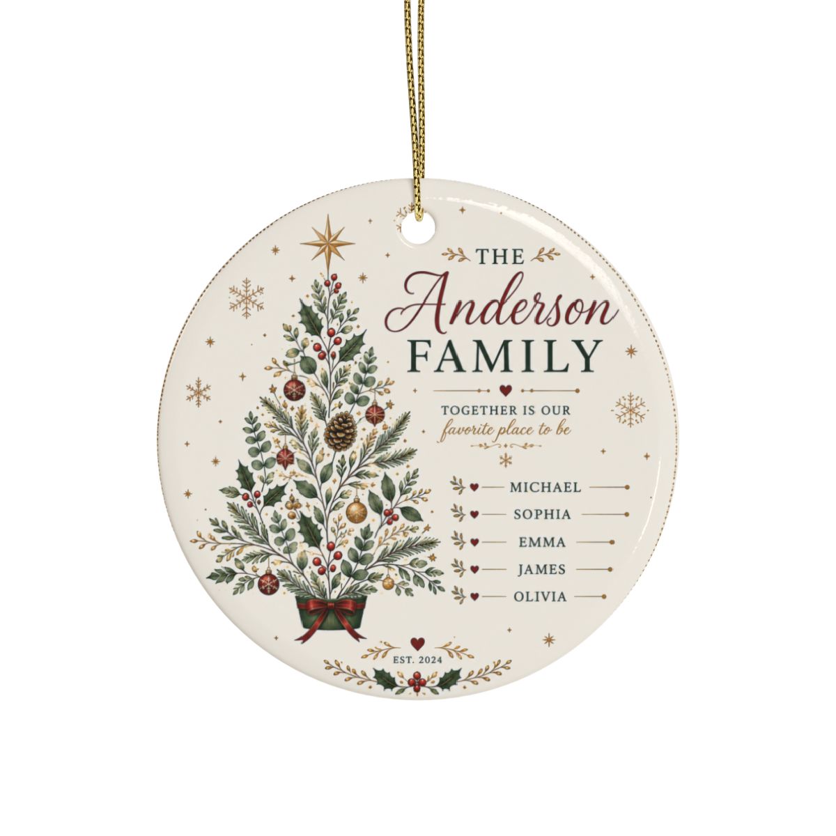 Personalized Family Christmas Tree Ornament, Ceramic Holiday Ornament