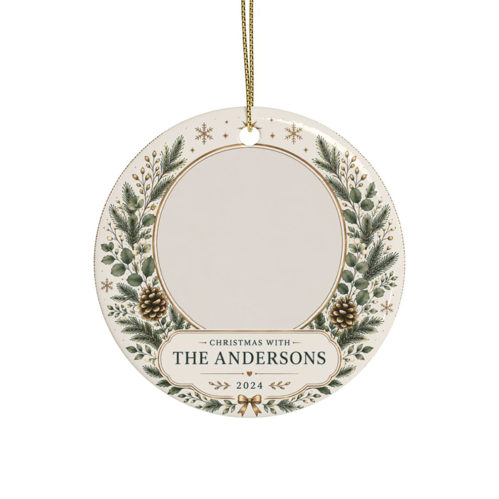 Personalized Pine Wreath Ceramic Ornament | Custom Name Family Keepsake