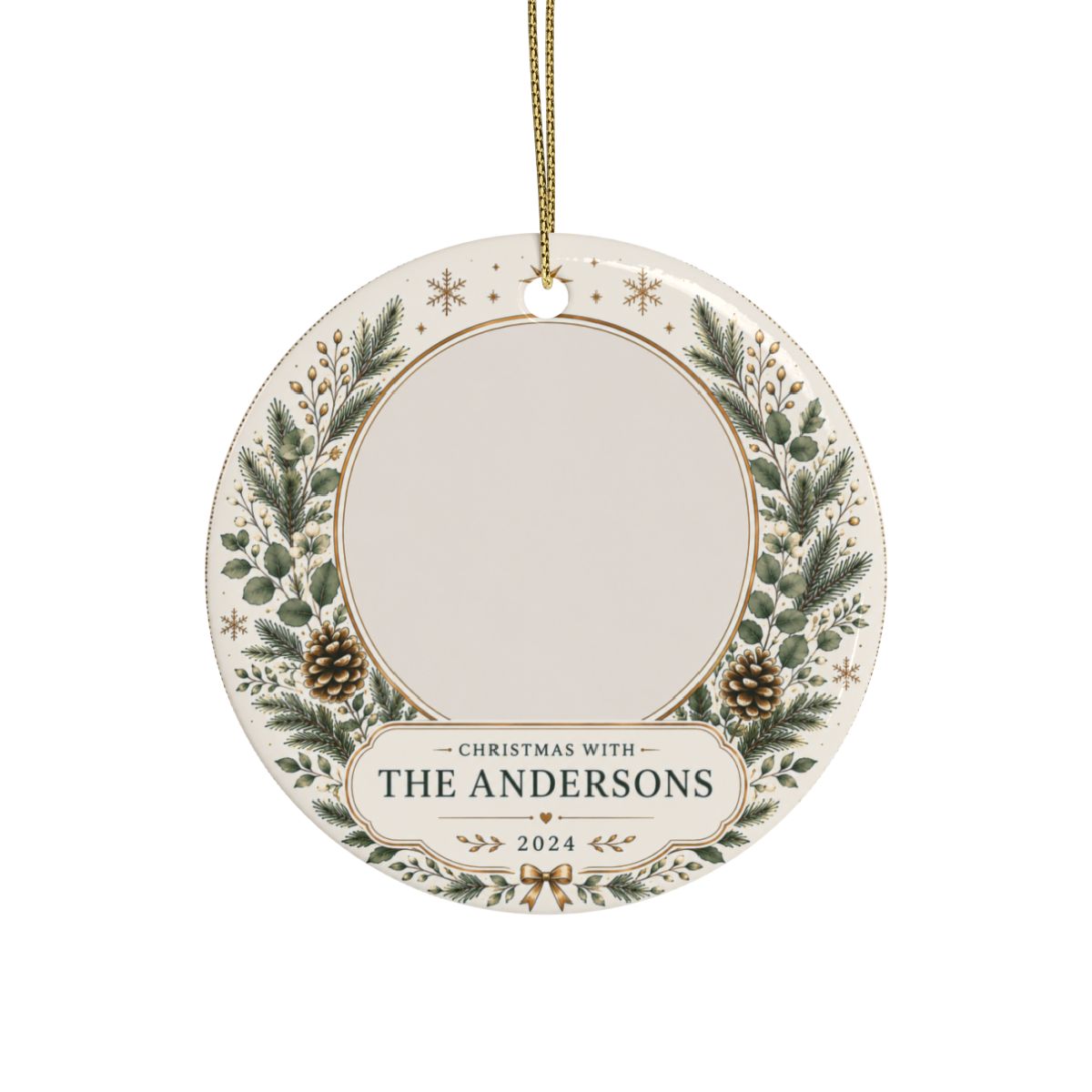 Personalized Pine Wreath Ceramic Ornament | Custom Name Family Keepsake
