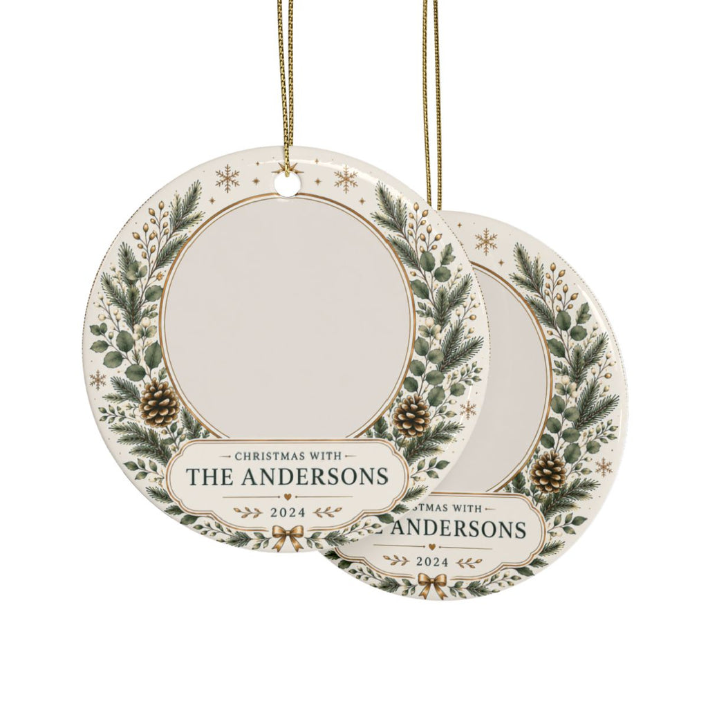Personalized Pine Wreath Ceramic Ornament | Custom Name Family Keepsake
