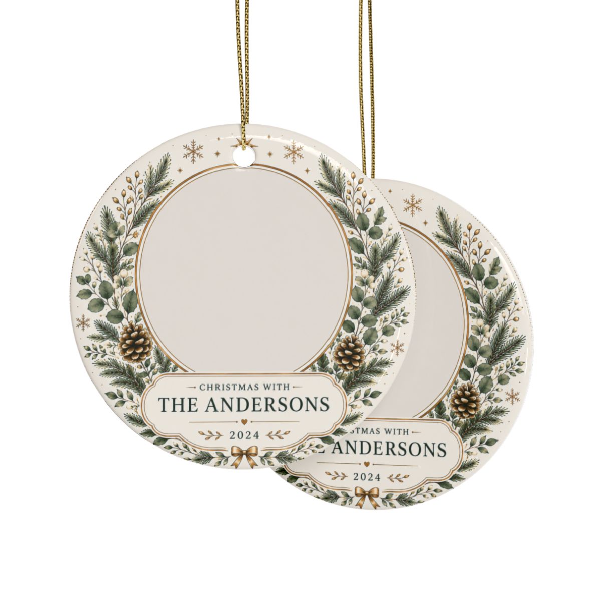 Personalized Pine Wreath Ceramic Ornament | Custom Name Family Keepsake