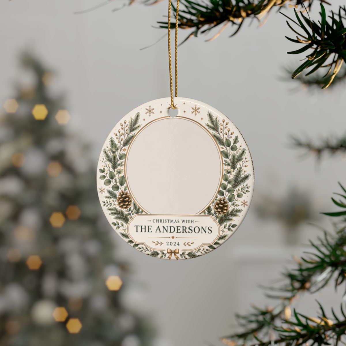 Personalized Pine Wreath Ceramic Ornament | Custom Name Family Keepsake