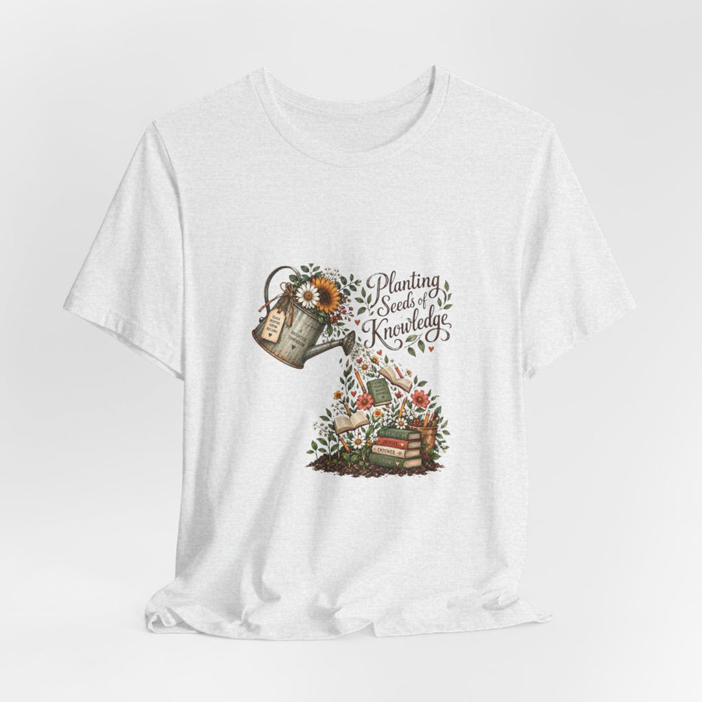 Planting Seeds of Knowledge T-Shirt | Watering Can, Books, Floral Illustration