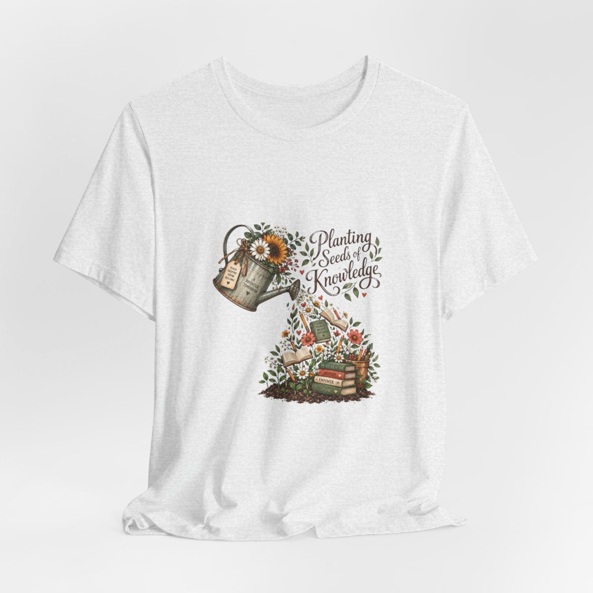 Planting Seeds of Knowledge T-Shirt | Watering Can, Books, Floral Illustration