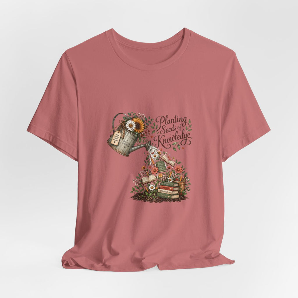 Planting Seeds of Knowledge T-Shirt | Watering Can, Books, Floral Illustration