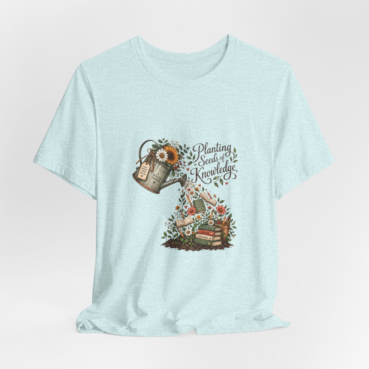 Planting Seeds of Knowledge T-Shirt | Watering Can, Books, Floral Illustration